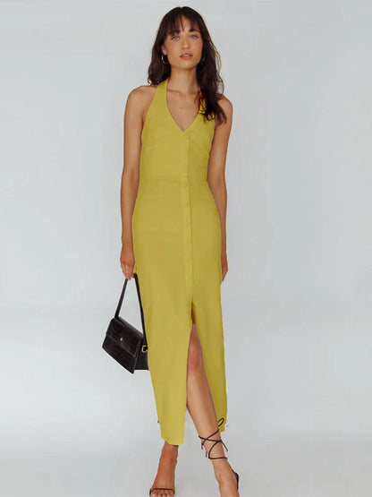 Plain Halter Dress Buttons V-Neck Backless Slit Convertible Party Midi Dresses