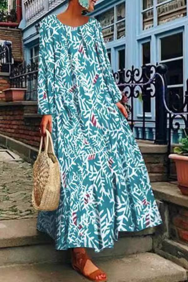 Graphic Leaf Print Scoop Neck Long Sleeve Flowy Maxi Dress