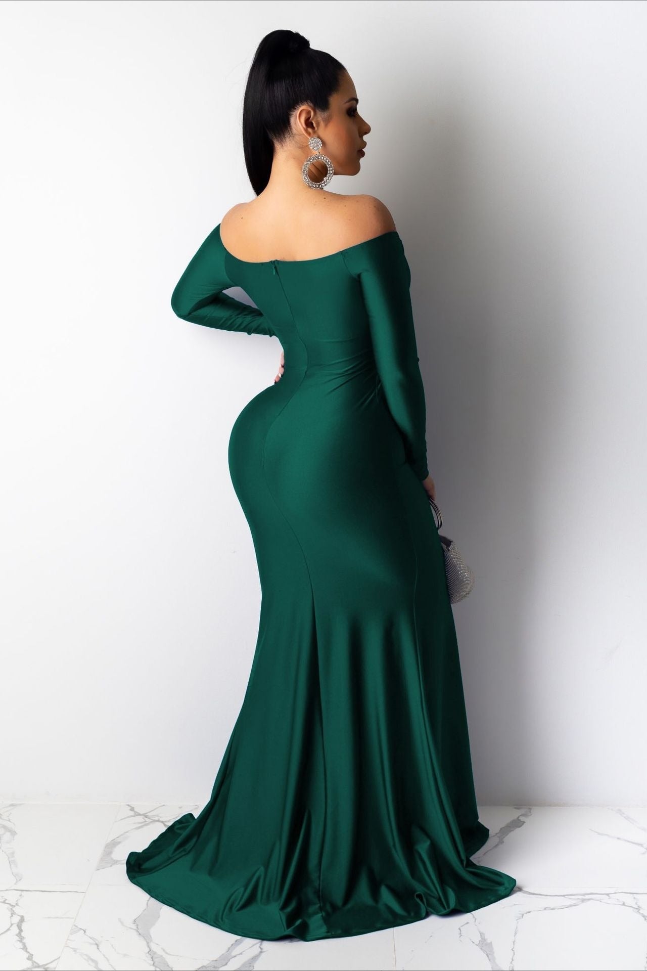 Off-Shoulder Surplice Long Sleeve High Slit Mermaid Maxi Gown