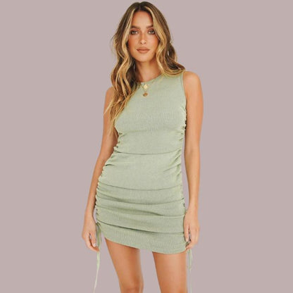 Crew Neck Ribbed Drawstring Ruched Mini Dress