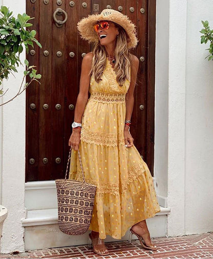 Deep V Neck Lace Trim Waist Tiered Metallic Dot Embroidered Maxi Dress