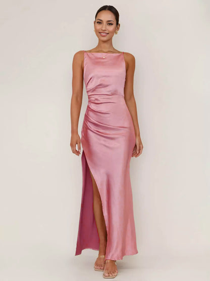 Soft Pink Maxi Slit Dress Open Back Party Slip Dress For Women 2026