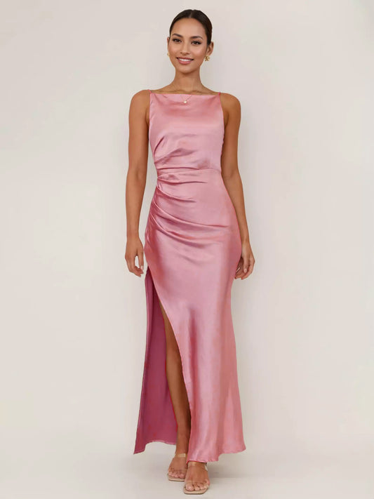 Soft Pink Maxi Slit Dress Open Back Party Slip Dress For Women 2026