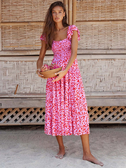 Smocked Dress Printed Flutter Sleeves Elastic Bust Vacation Casual Midi Dresses