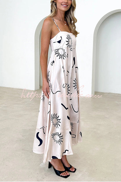 Elide Satin Unique Print Back Smocked Vacation Maxi Dress