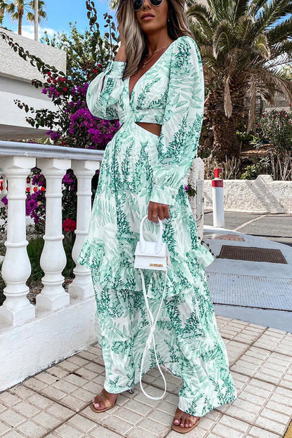 Botanical Leaf Print Deep V-Neck Side Cutout Puff Sleeve Tiered Maxi Dress
