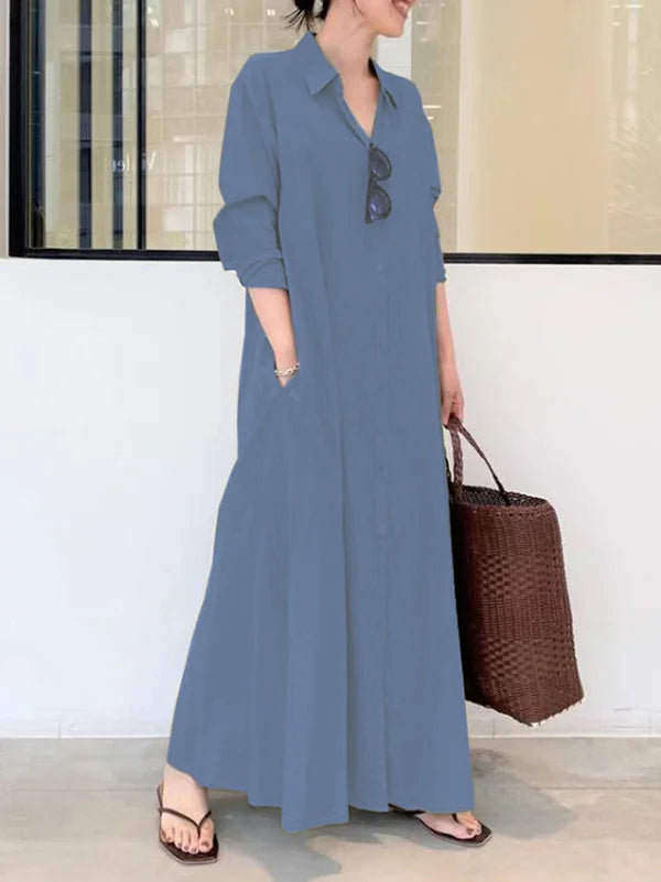 Oversized Button-Front Collared Long Sleeve Pocket Shirt Maxi Dress
