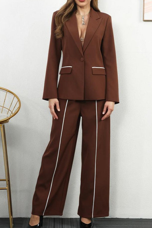 Contrast Color Relaxed Fit Blazer Casual Pants Set