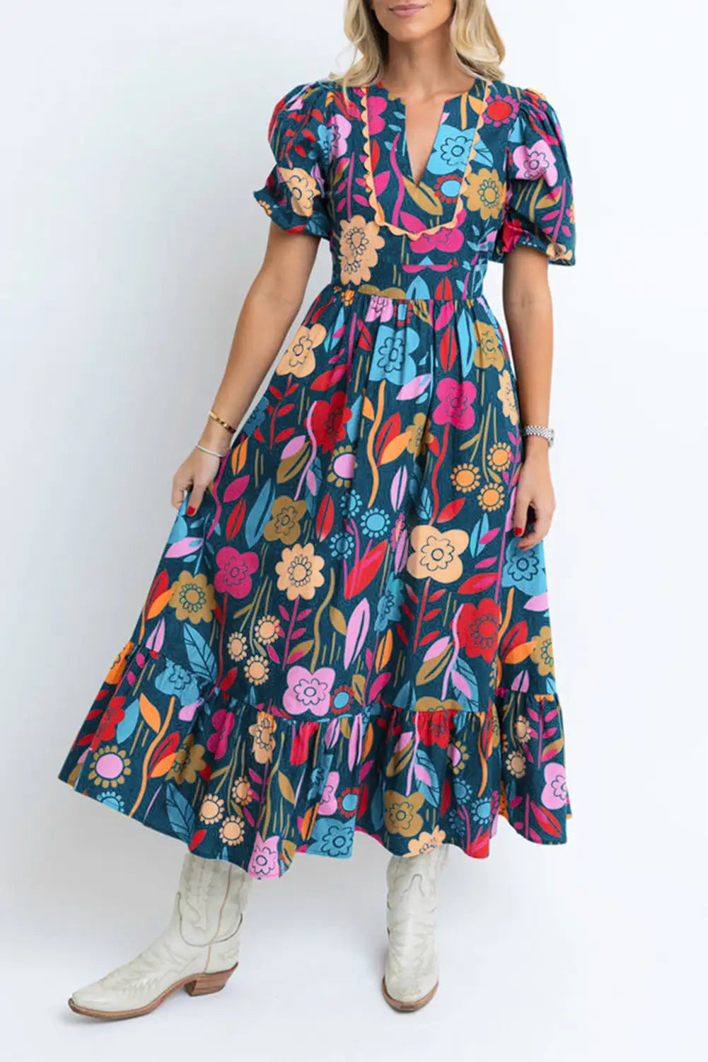 charming green retro floral maxi dress