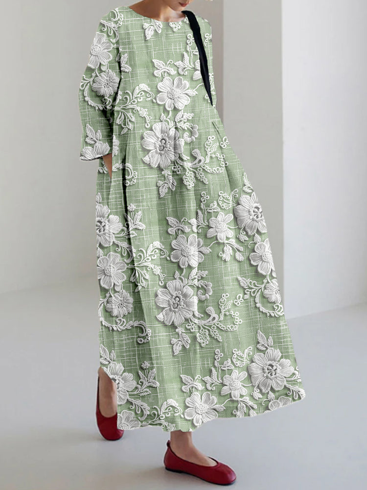 Oversized Floral Embroidery Round Neck Three Quarter Sleeve Pocket Maxi Dress
