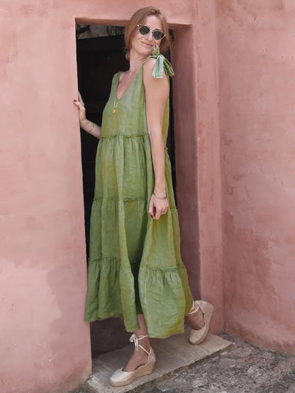 Boho Dress Tiered Tie Straps Backless Vacation Casual Midi Dresses