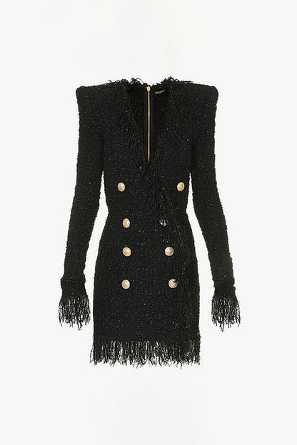 Tassel Hem Metal Button V-Neck Mini Dress