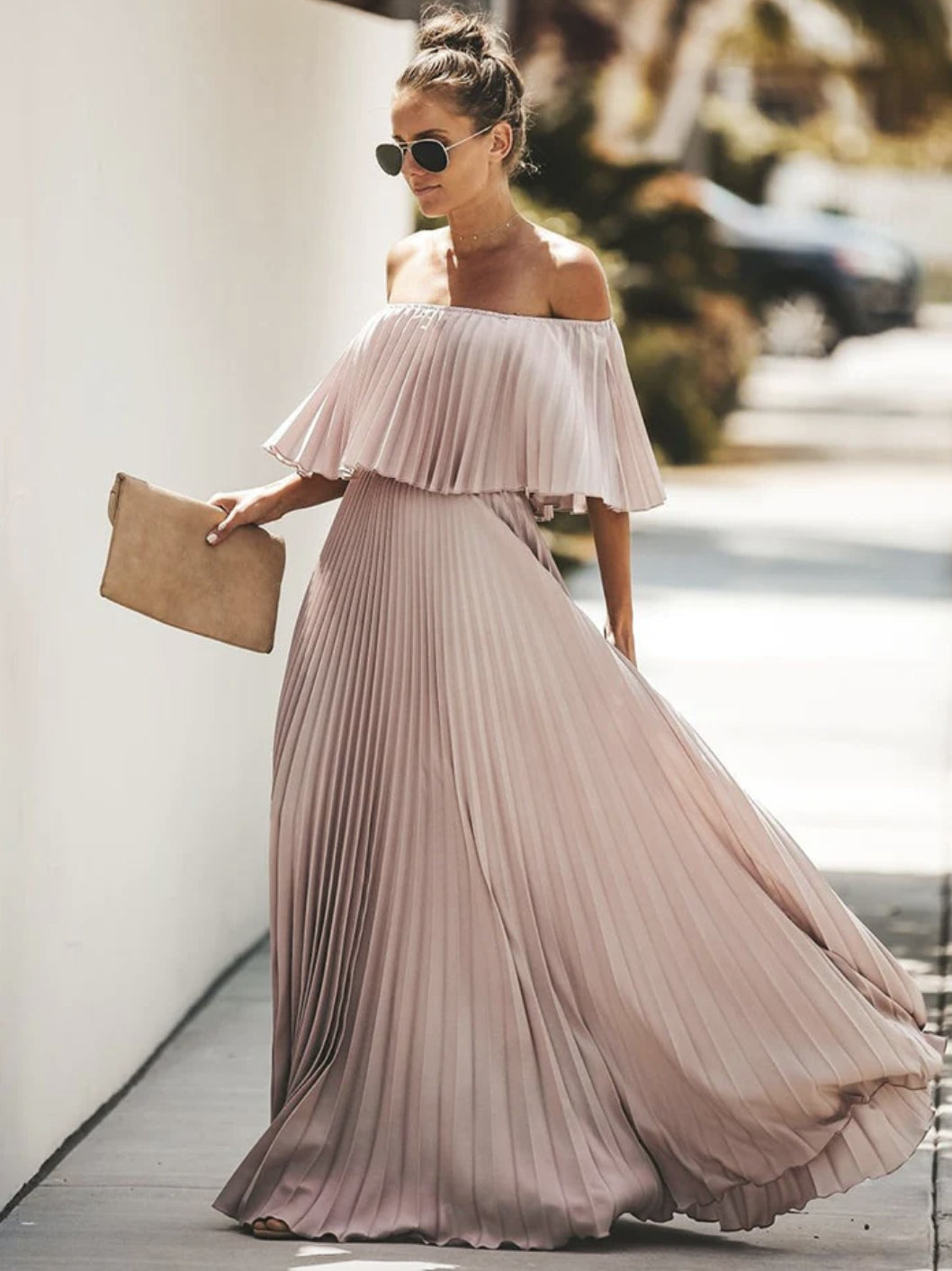 Maxi Dresses Half Sleeves Yellow Bateau Neck Pleated Asymmetrical   Floor Length Dress