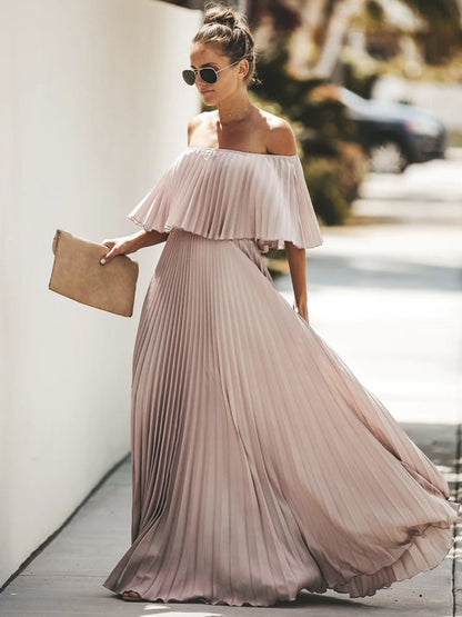 Maxi Dresses Half Sleeves Yellow Bateau Neck Pleated Asymmetrical   Floor Length Dress