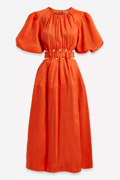 Solid Puff Sleeve Cut-Out Midi Dress