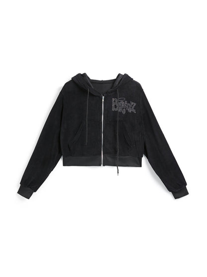 Letter Rhinestone Print Short Hoodie