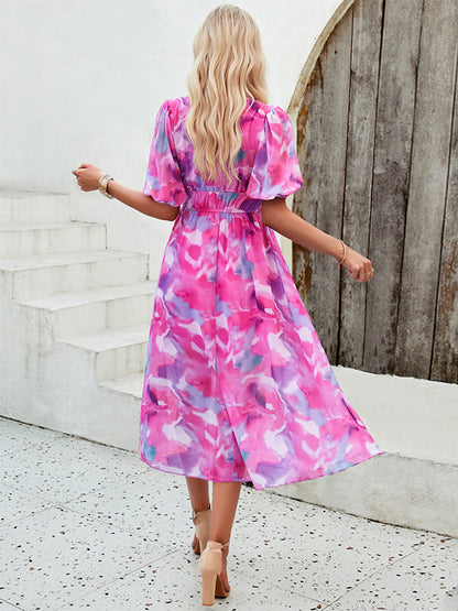 Floral Dress Midi Dress Printed Short Sleeves V-Neck Sweet Summer
