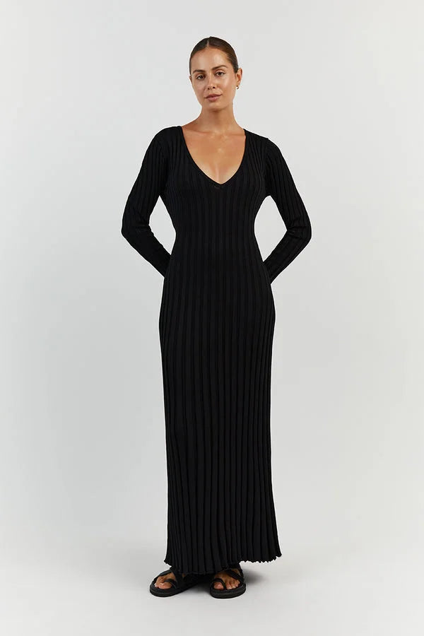 Rib Knit Deep V-Neck Long Sleeve Lettuce Hem Column Maxi Dress