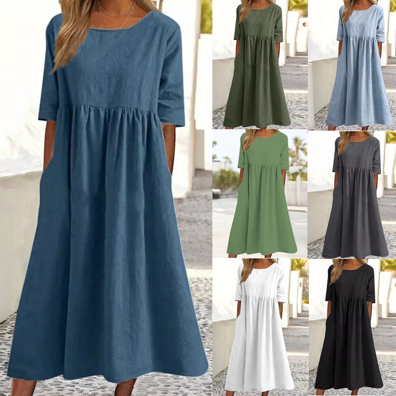 Linen Look Crew Neck Three Quarter Sleeve Pocket Empire Waist Midi Dress