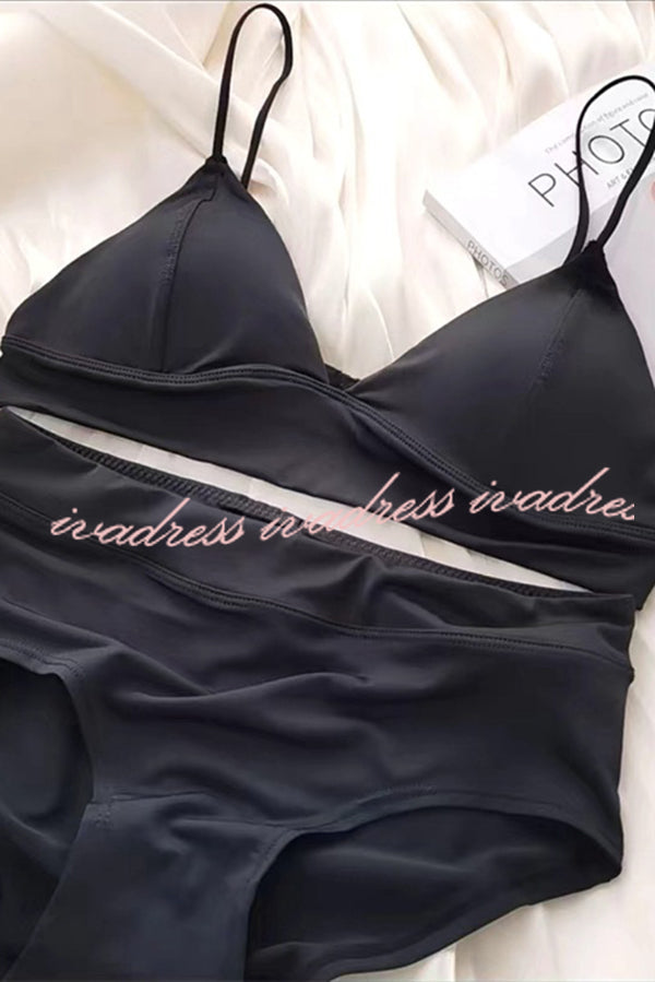 Solid Color Suspender Stretch Two Piece Bikini Swimsuit