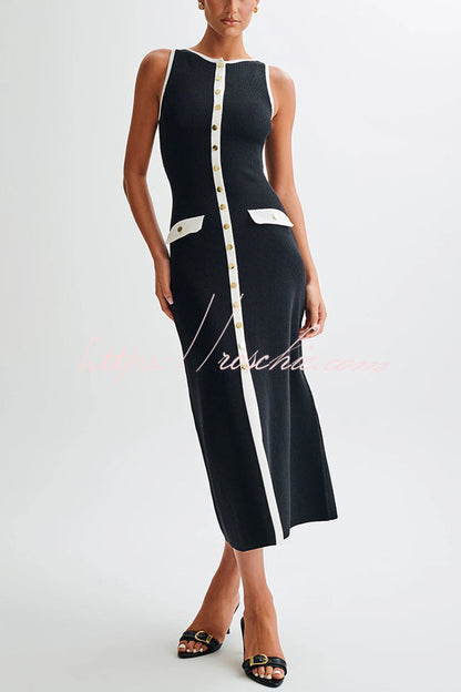 Elegant Slim Fit Crew Neck Buttoned Sleeveless Knit Midi Dress