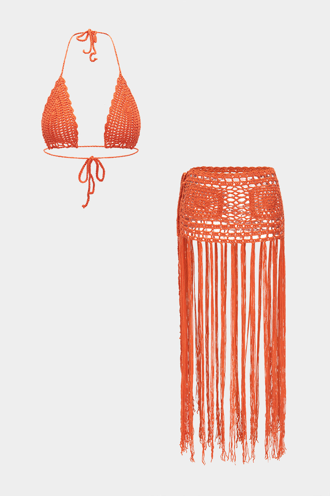 Knit Hollow Out Halter Neck Tie-Up Tank Top And Fringe Skirt Set