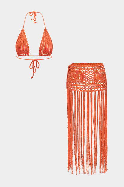 Knit Hollow Out Halter Neck Tie-Up Tank Top And Fringe Skirt Set