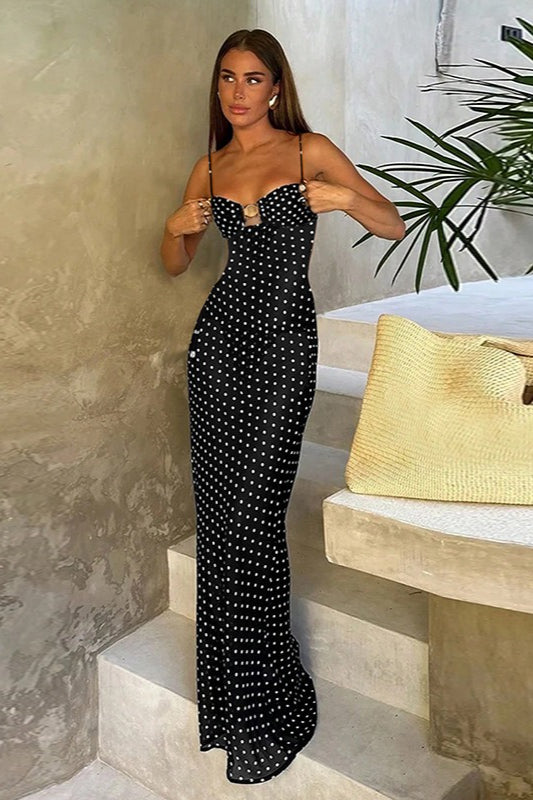 Polka Dot Sweetheart Neck Ring Hardware Spaghetti Strap Bodycon Maxi Dress