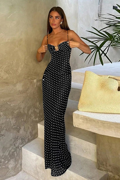 Polka Dot Sweetheart Neck Ring Hardware Spaghetti Strap Bodycon Maxi Dress