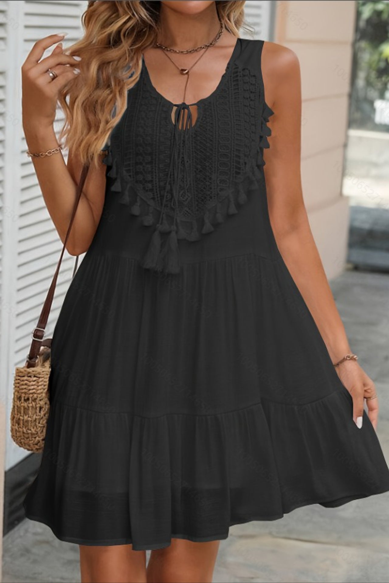 Crochet Lace Bib Tassel Tie Tiered Ruffle Babydoll Mini Dress