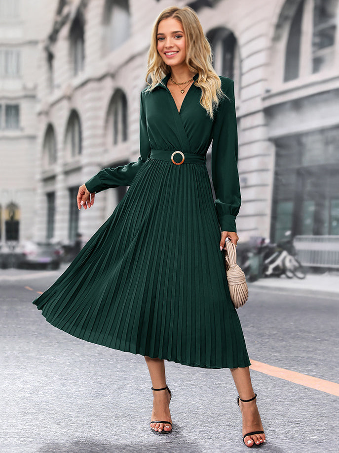 Midi Dresses Dark Green V-Neck Long Sleeves Fall Dresses For Women