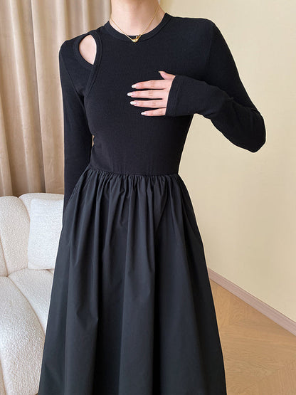 A-Line Long Sleeves Elasticity Hollow Solid Color Split-Joint Round-Neck Midi Dresses
