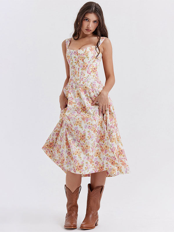 Floral Midi Dresses Backless Split Front U-Neck Sleeveless Lace-up Side Slit Chic Dress