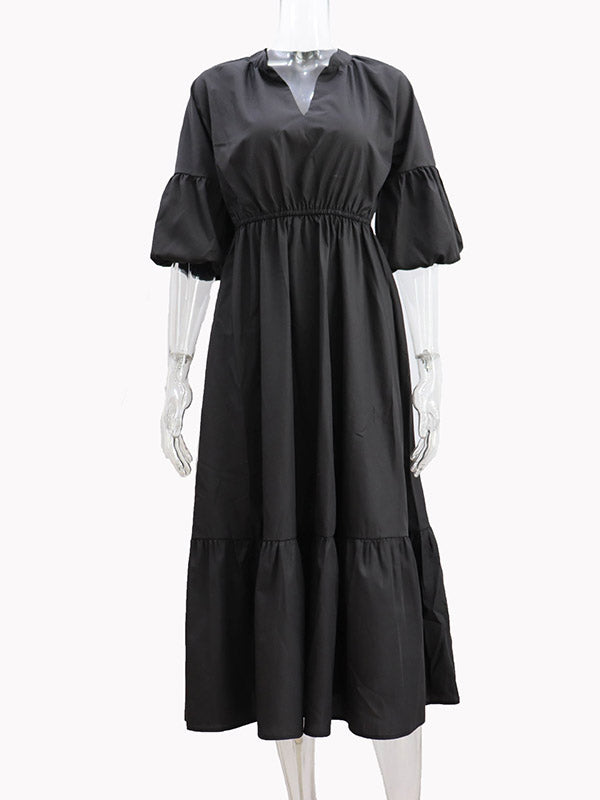 A-Line Half Sleeves Elasticity Pleated Solid Color V-Neck Midi Dresses