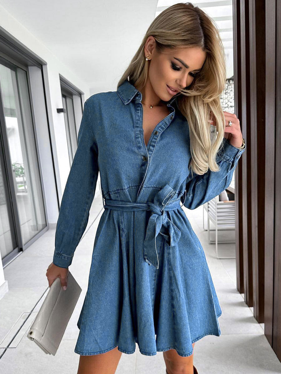 Denim Dresses Turndown Collar Lace Up Long Sleeves A-Line Mini Dresses