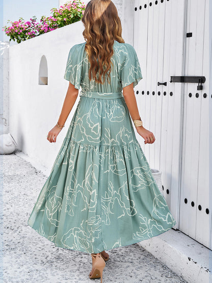 Wrap Dress Tiered Printed Belted V-Neck Short Sleeves Summer Midi Dresses