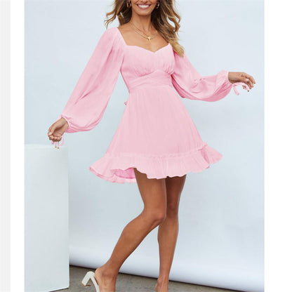 Ruffle Long Sleeve Square Collar Mini Dress in Multiple Colors