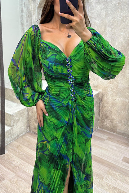 Margovil Off Shoulder Lantern Long Sleeves Printed Slit Pleated Maxi Dress