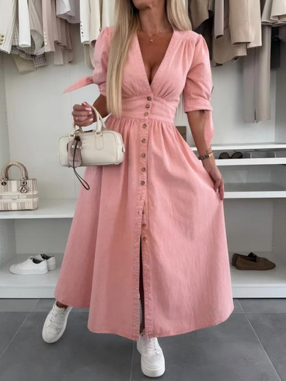 V-neck Short-sleeved Loose-fitting Denim Button-down Long Dress