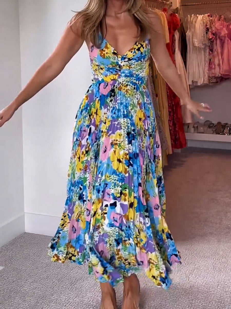 V-neck Camisoles Backless Graffiti Maxi Dresses