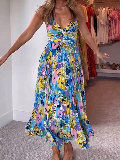 V-neck Camisoles Backless Graffiti Maxi Dresses