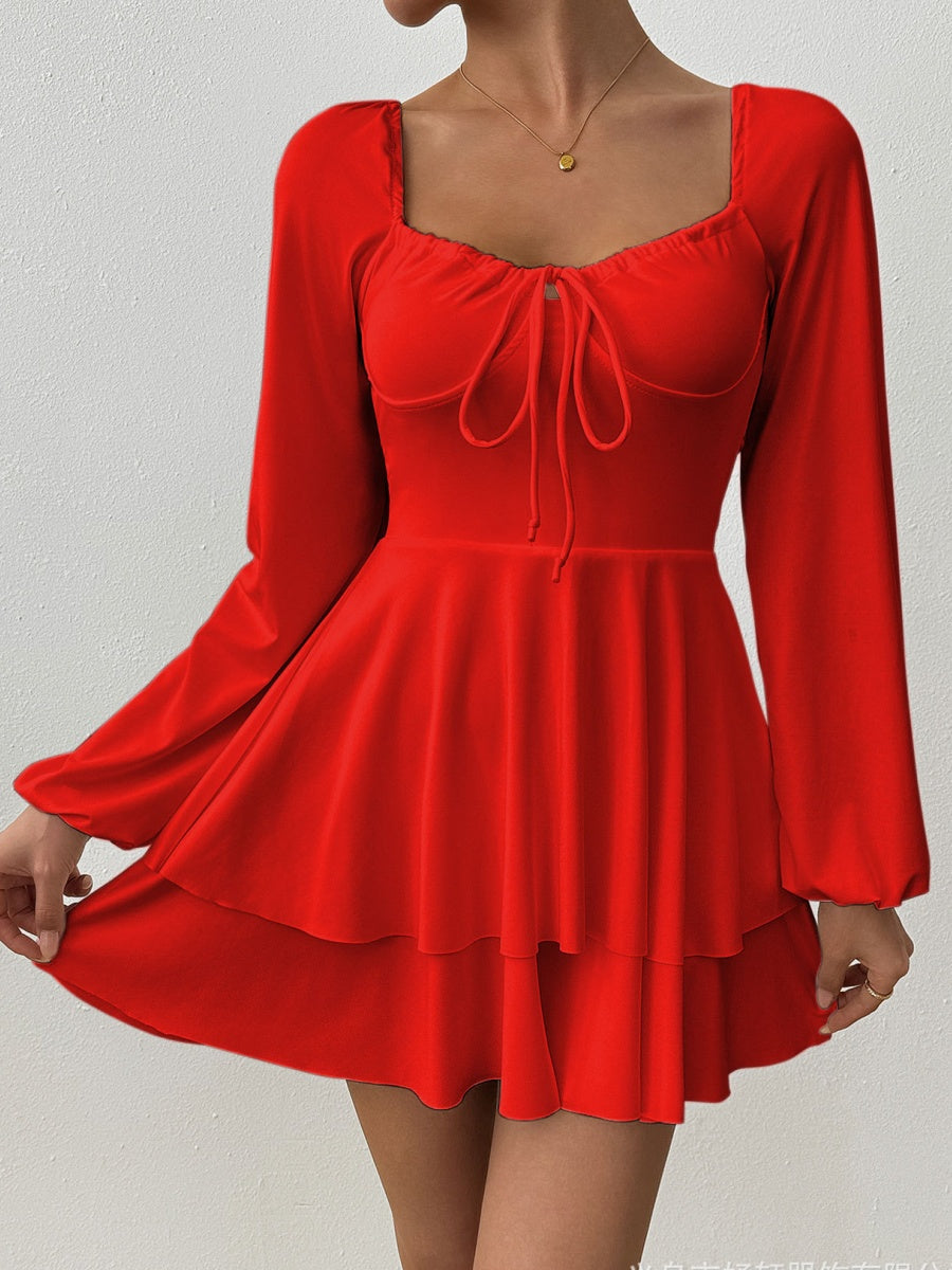 Temperament Grace Ruffle Long Sleeve Backless Lace Up Mini&Short Dresses