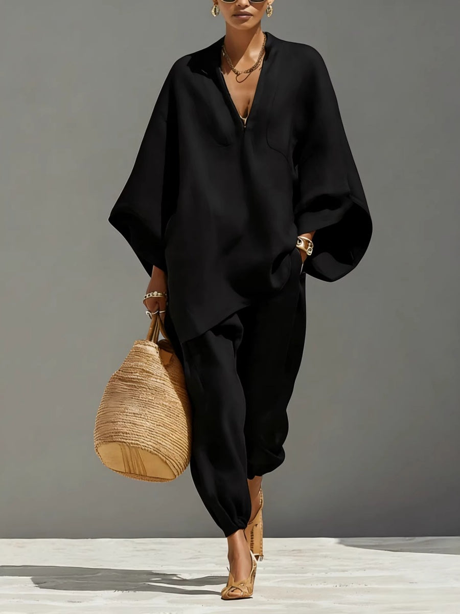 Solid Color Batwing Sleeves, V-neck, Loose Pockets 2-piece Sets