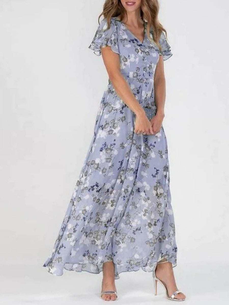 Chiffon Floral Print Short-sleeved Ruffled V-neck Long Dress