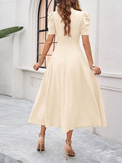 Pleated Waist Short Sleeve Maxi Dresses