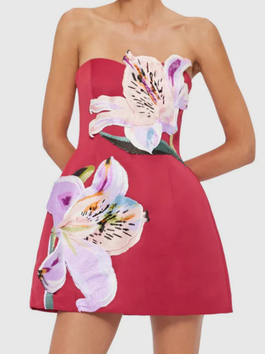 3D Floral Patchwork A-line Strapless Short Dress