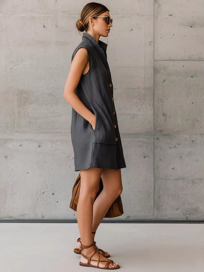 Sleeveless Stand-collar Shirt Dress With Pockets, Vacation Style Short Dress