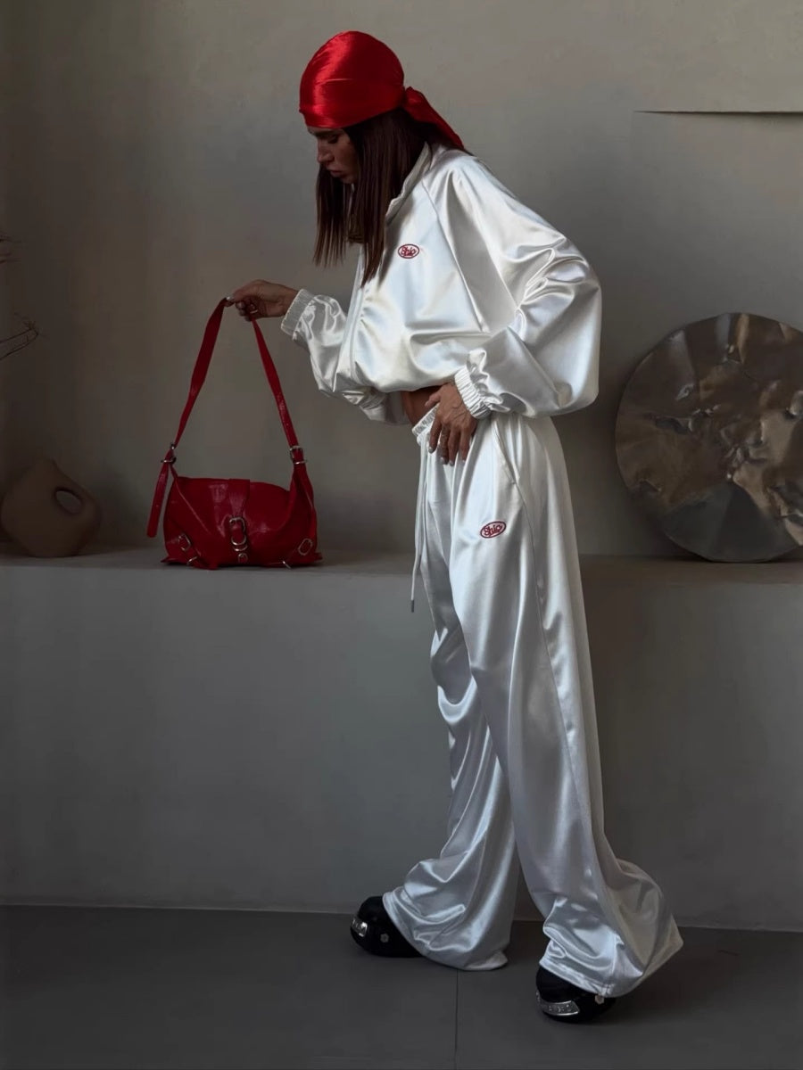 Zippered Loose Sweatshirt Jacket And Wide-Leg Pants Two-Piece Set