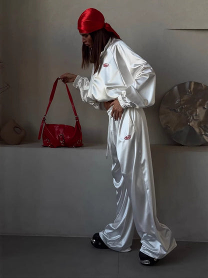 Zippered Loose Sweatshirt Jacket And Wide-Leg Pants Two-Piece Set