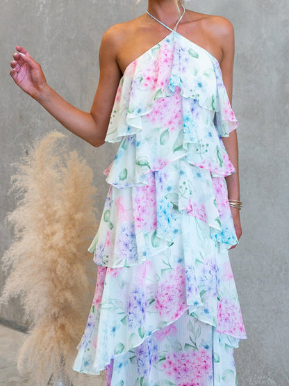Chiffon Multi-story Halter Printed Vacation Maxi Dresses